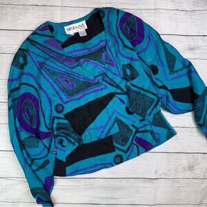 VINTAGE Disegni by Perez Teal Black 100% Silk V-Neck Flowy Blouse Size 12